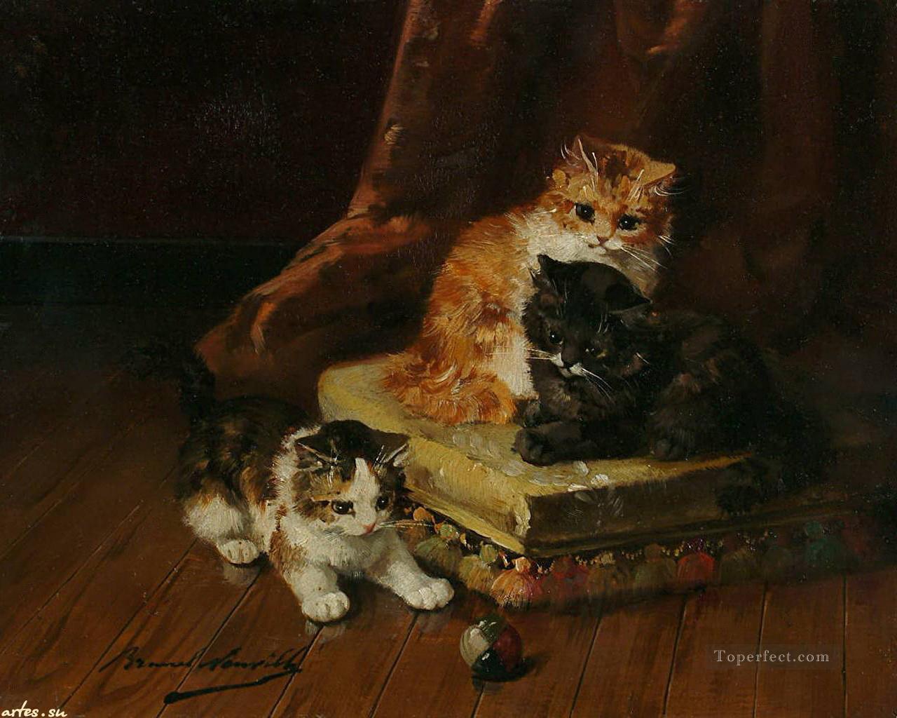 chats et une balle Alfred Brunel de Neuville Peintures à l'huile